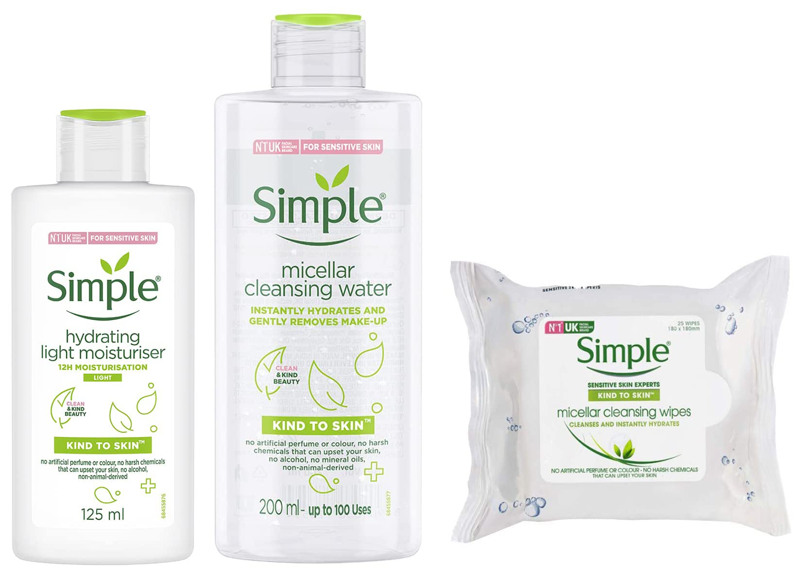 simple Kind To Skin Hydrating Light Liquid Moisturiser, 125 Ml & Kind To Skin Micellar Cleansing Water, 200 Ml & Kind To Skin Micellar Cleansing Wipes, 25 Wipes