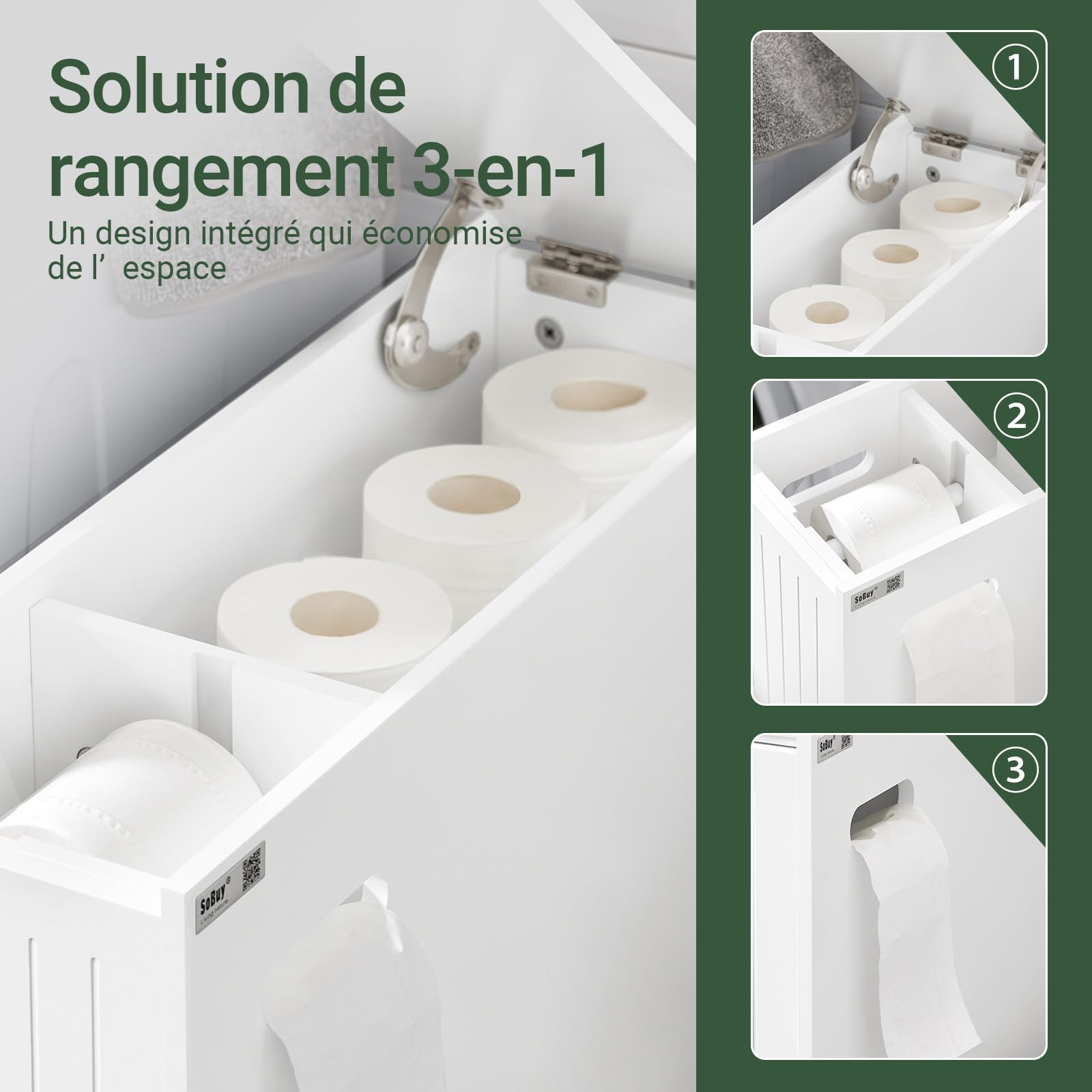 SoBuy Meuble Salle de Bain avcc 2 Tiroirs Meuble WC de Rangement 60x20x75cm | Armoire WC Compact, Meuble Salle de Bain Étroit avec Roulettes, en Bois, pour Rangement de Papier Toilette, BZR111-W