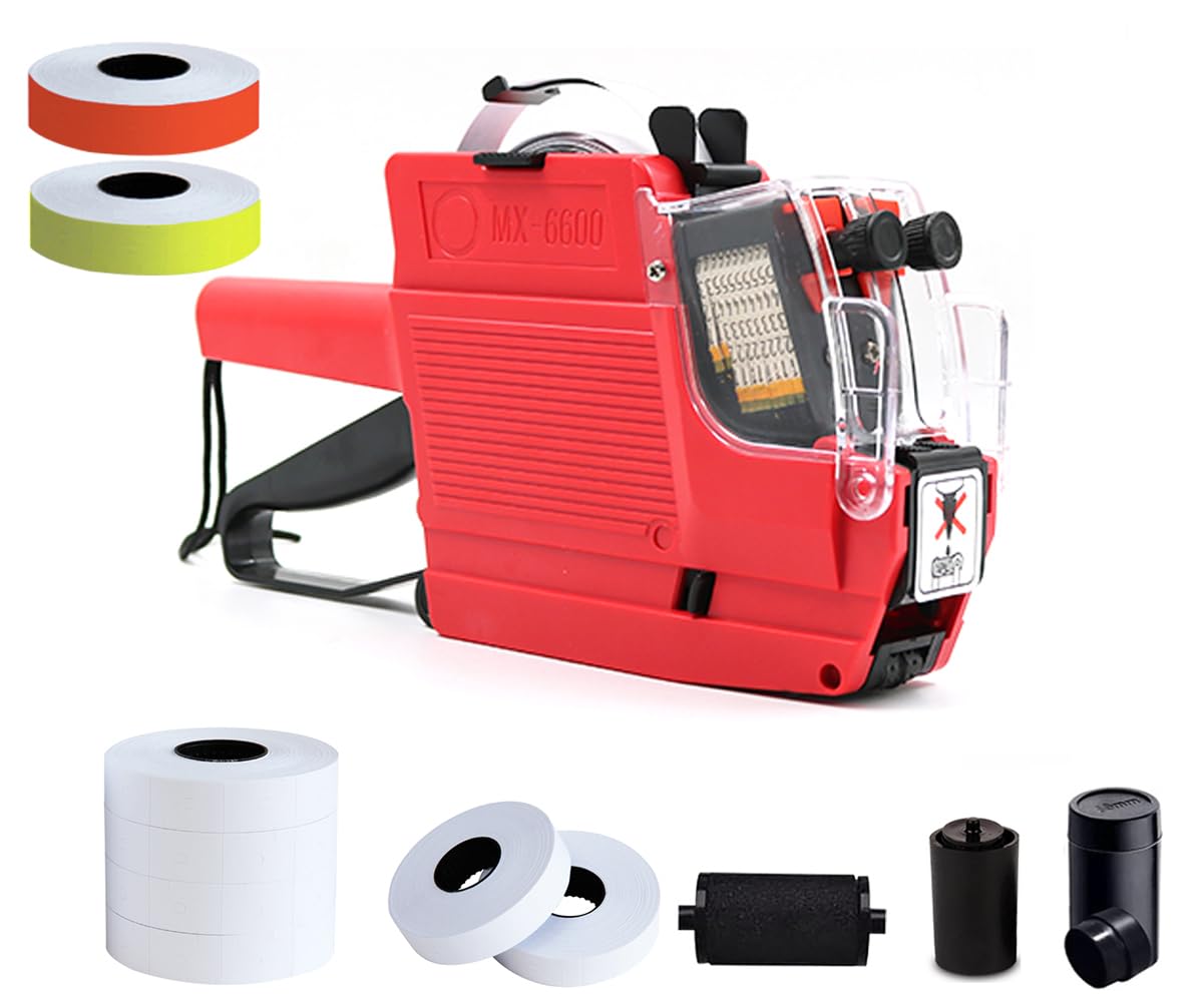 HopingMore2-Line 20 Digits MX6600 Price Label Gun w/ 3 Inkers 3800 Multicolored Stickers, Pricing Labeler Tag Maker Machine with String for Office Retail Shop Grocery Store Yard Sale(MX6600 red)