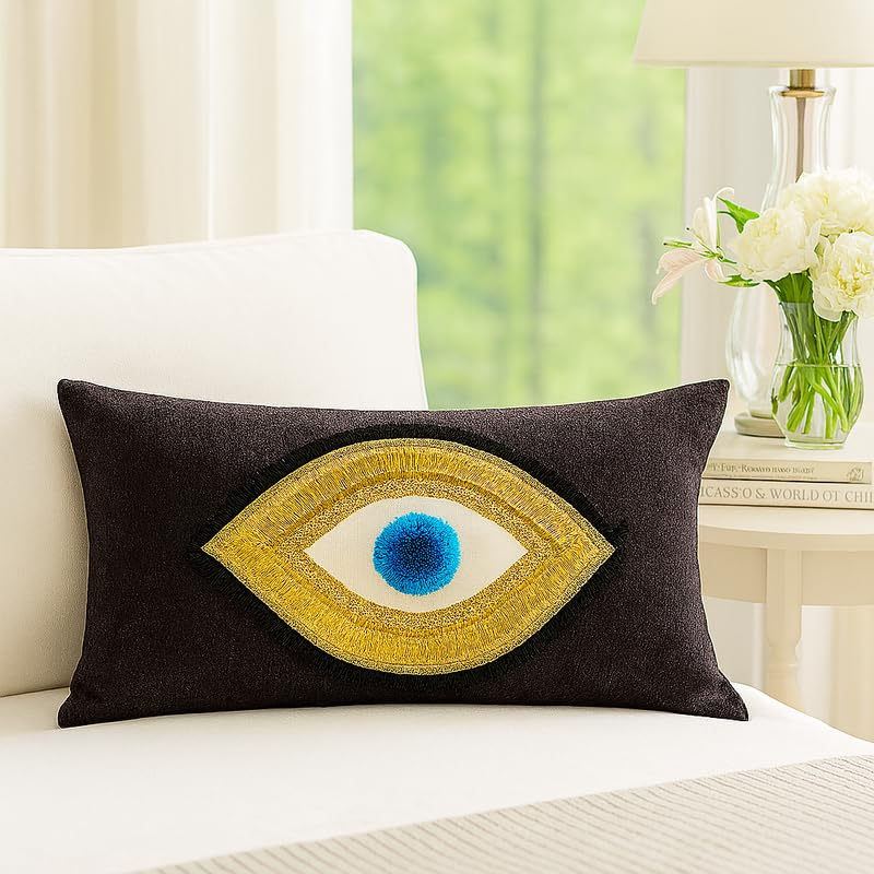 WWW.THROWPILLOW.IN Black Evil Eye Cushion Cover | Premium Decor Fabric Gold Sequin Blue Pom Pom Embroidered Nazar Pillow, Boho Glam Eclectic Home Décor for Sofa Rectangular Cushion 12x20 Inches