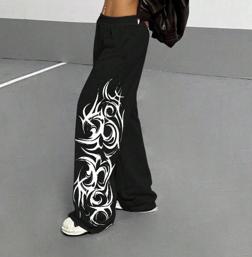 ZAFUL Womens Wide Leg Sweatpants Y2K Gothic Graffiti High Waisted Lounge Pants Athletic Joggers Pants with Pockets