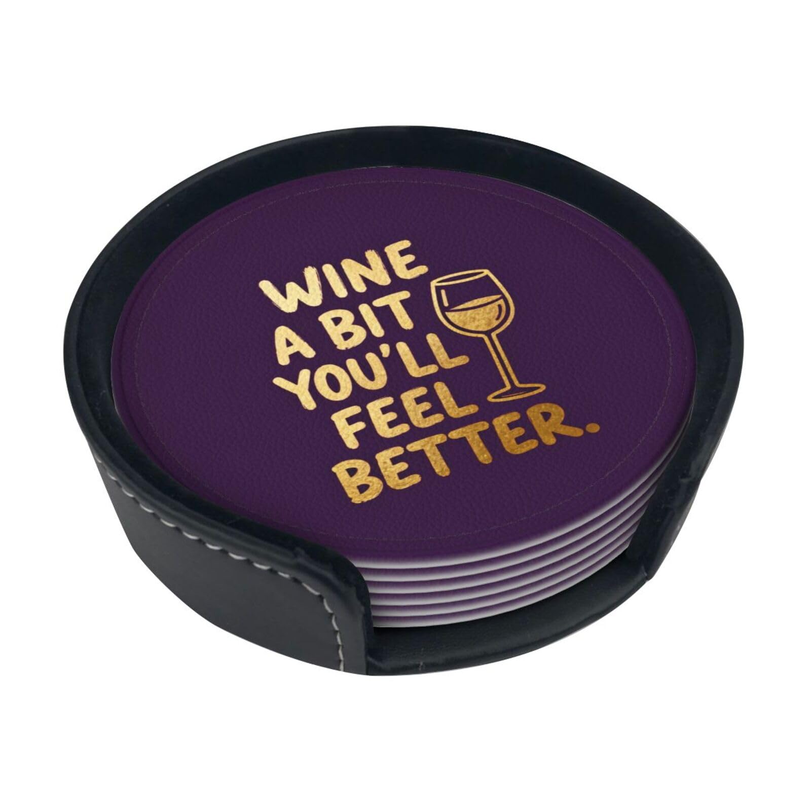 Cntdbu White Wine Bit Better Leather Coasters Set Of 6-Pu Leather Drink Mats For Table, Heat Resistant Round Coasters With Holder