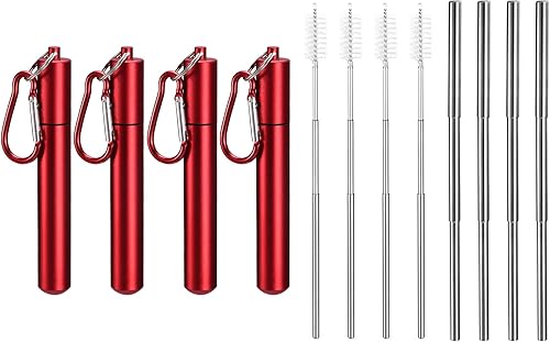 Miniatura 8 de uxcell 4 popotes de metal reutilizables, de 3.7 a 9.1 pulgadas, pajitas telescópicas portátiles de acero inoxidable con estuche redondo y cepillo de
