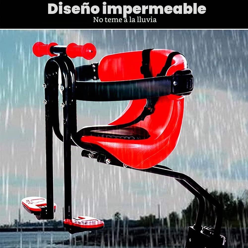 Silla Delantera para Niños para Bicicleta Sillas de Bicicletas para Niños, Asiento Bicicleta para Niños con Cinturón de Seguridad, Respaldo, Pedales, Pasamanos para Niños, Niñas Red