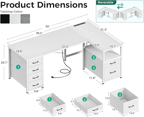 Miniatura 3 de Coleshome Escritorio para computadora en forma de L con 6 cajones y toma de corriente, escritorio de esquina de 55 pulgadas con estante de