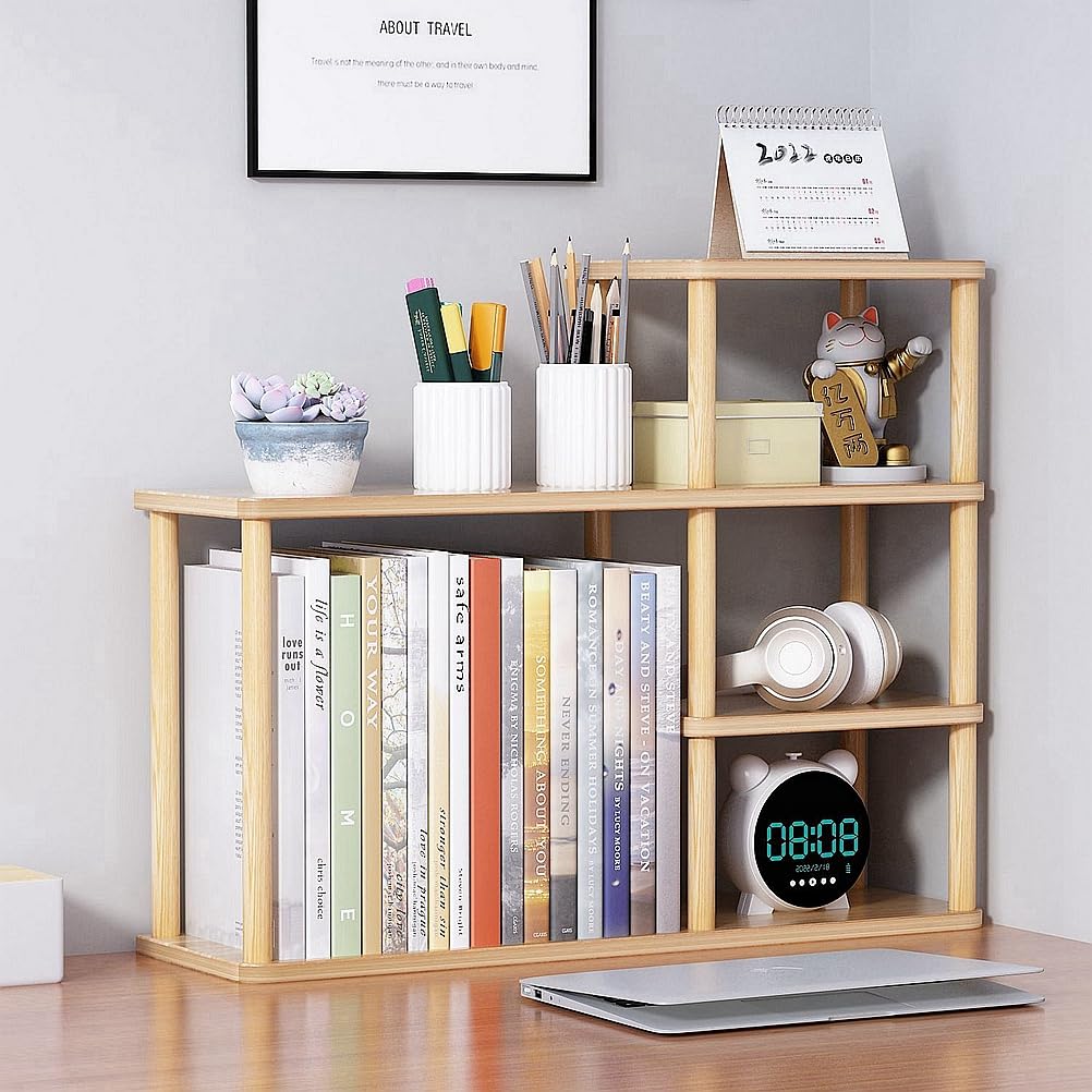 Étagère de rangement multicouche de bureau, en bois massif, grande capacité, étagère de rangement pour étudiants, étagère de rangement de bureau (couleur bois)