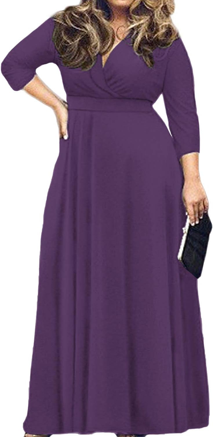 POSESHE Women's Solid V-Neck 3/4 Sleeve Plus Size Evening Party Maxi Dress