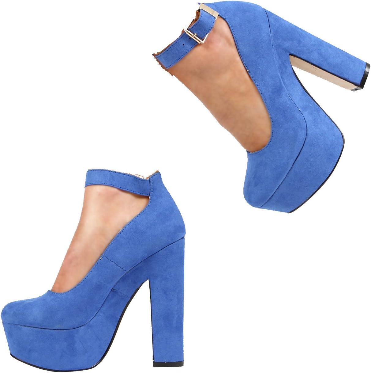 New Womens Ladies Platform HIGH Chunky Heel Ankle Strap Court Shoes Size 3-7