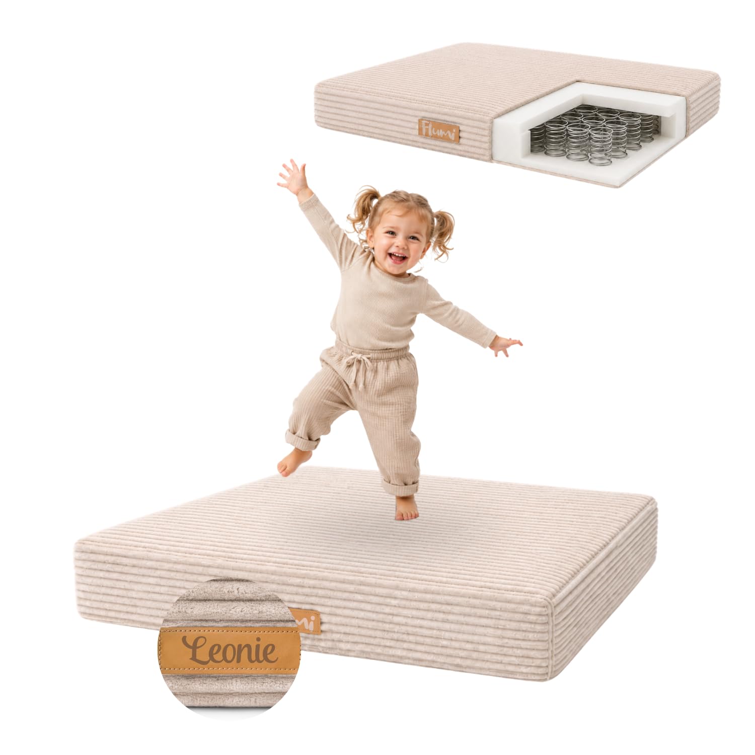 Flumi Hüpfpolster mit Namen, weiches Bodenkissen mit Cordbezug, Indoor Bewegungsmatte für Kinder, 110 x 71 x 15,5 cm (Beige)