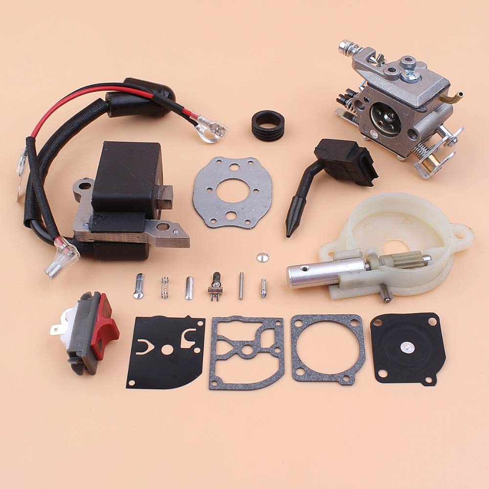 Tiempo Beixi Gusano carburador Bobina de Encendido de la Bomba de Aceite del Engranaje Módulo Interruptor de Parada Kit Compatible con Husqvarna 136 141 137 142 Piezas de la Motosierra Zama Carb