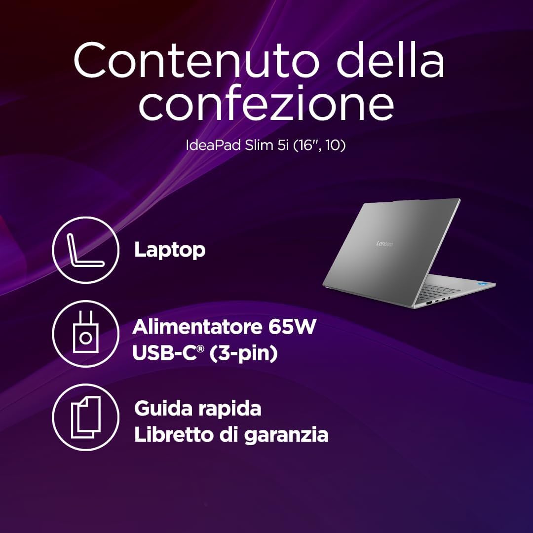 Lenovo, Ideapad Slim 5i, Intel Ultra9 185H,16Core, Ram DDR5 32Gb, Display WUXGA 16" IPS FHD+, SSD Pci Nvme 512Gb, Wi-Fi 6, Bt, USB Thunderbolt, WebCam FHD, Tastiera retroilluminata, Pronto all'Uso