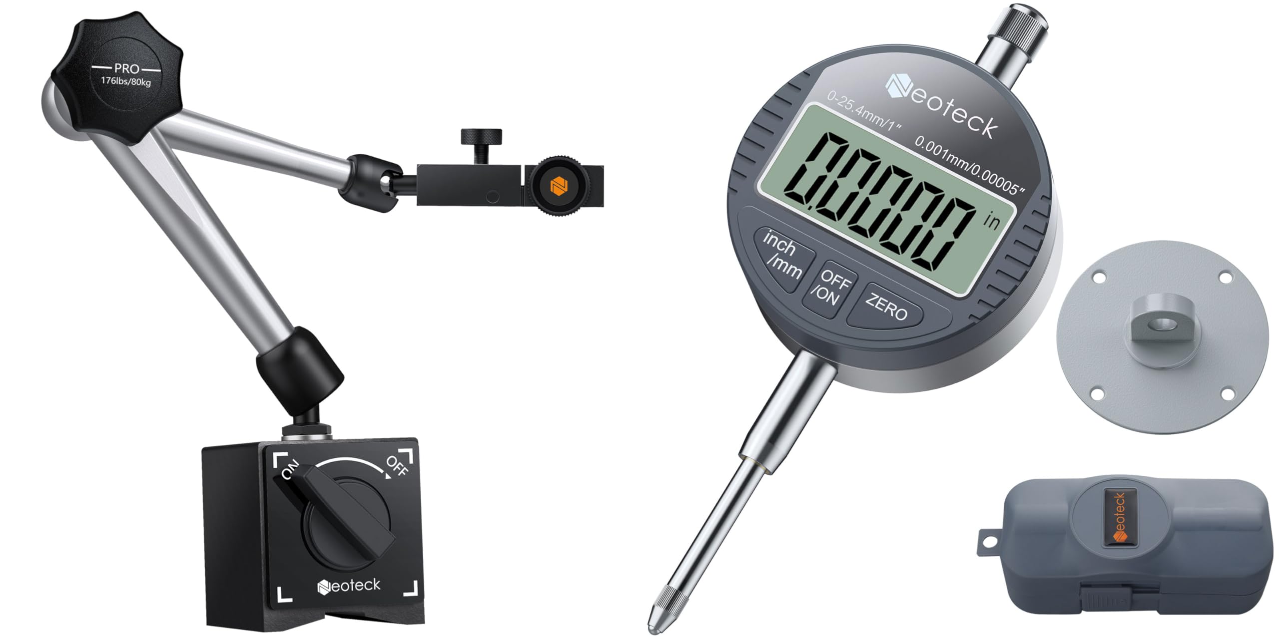 Neoteck Kit Millesimale Professionale: Comparatore Digitale 0.001mm + Base Magnetica 80kg, Indicatore di Precisione 0.001mm con Display LCD, Funzione Zero per Officina CNC