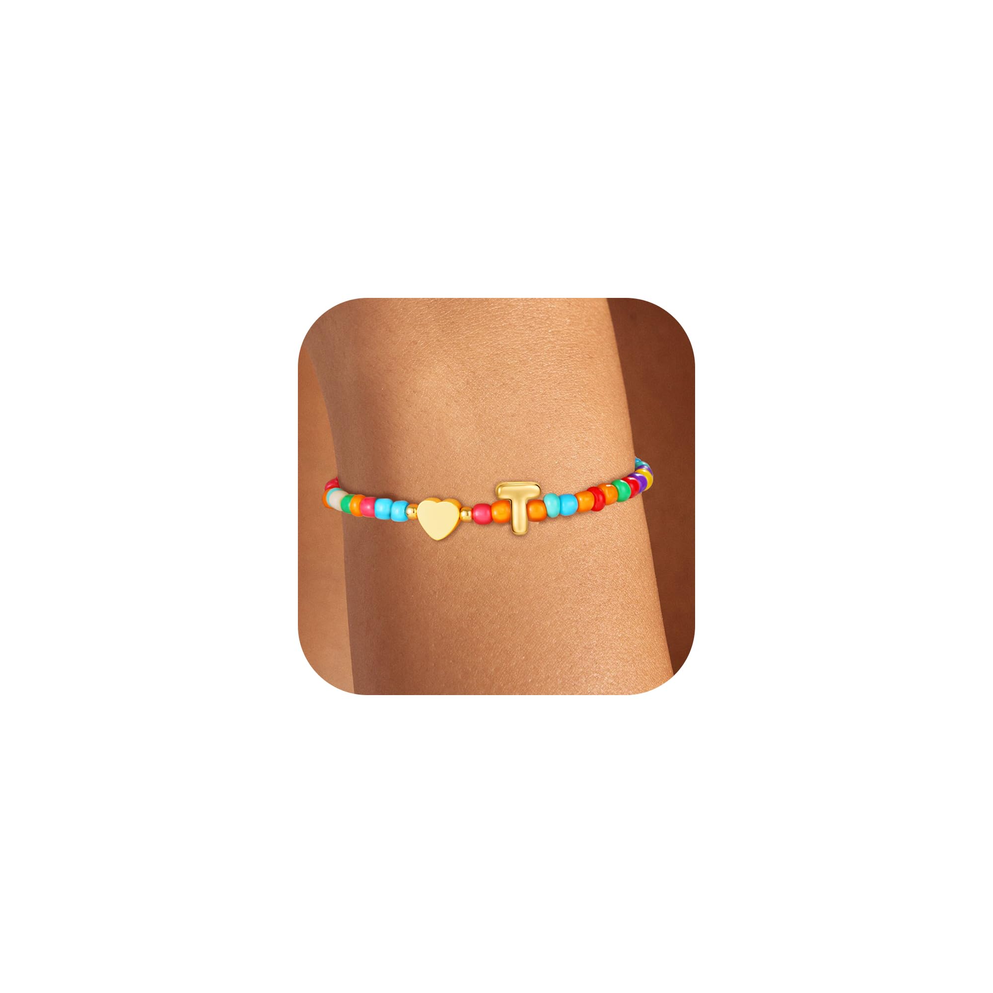 Colorful Initial Bracelets for Women Girls, Cute Beaded Heart Shell Initial Bracelets Teen Gilr Gifts Trendy Stuff Gold Charm Bracelet Gifts for Women
