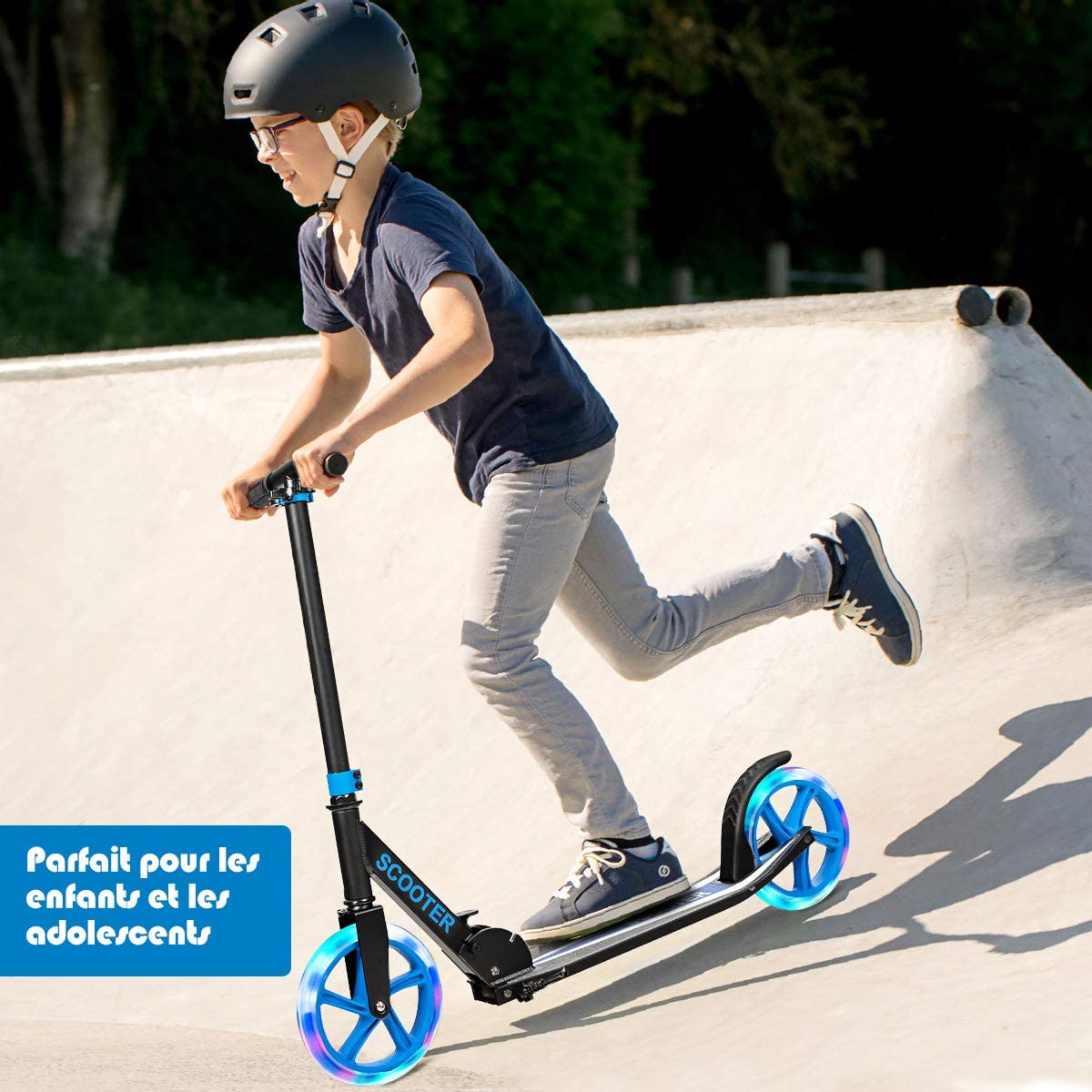 COSTWAY Trottinette Enfant Adultes(Charge Max 100 kg) avec Roues Lumineuse 200 mm, Trottinette Freestyle Pliable avec Béquille et Guidon Réglable, ABEC-7, Plateforme Antidérapante, 10 Ans+