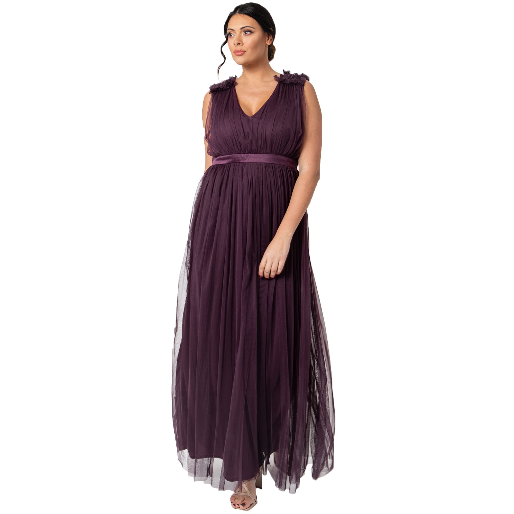 Maya Deluxe Damen Maya Deluxe Women's Maxi With Ruffle V Neck Sleeveless High Empire Waist Long Prom Guest Weddi Bridesmaid Dress, Berry, 44 EU