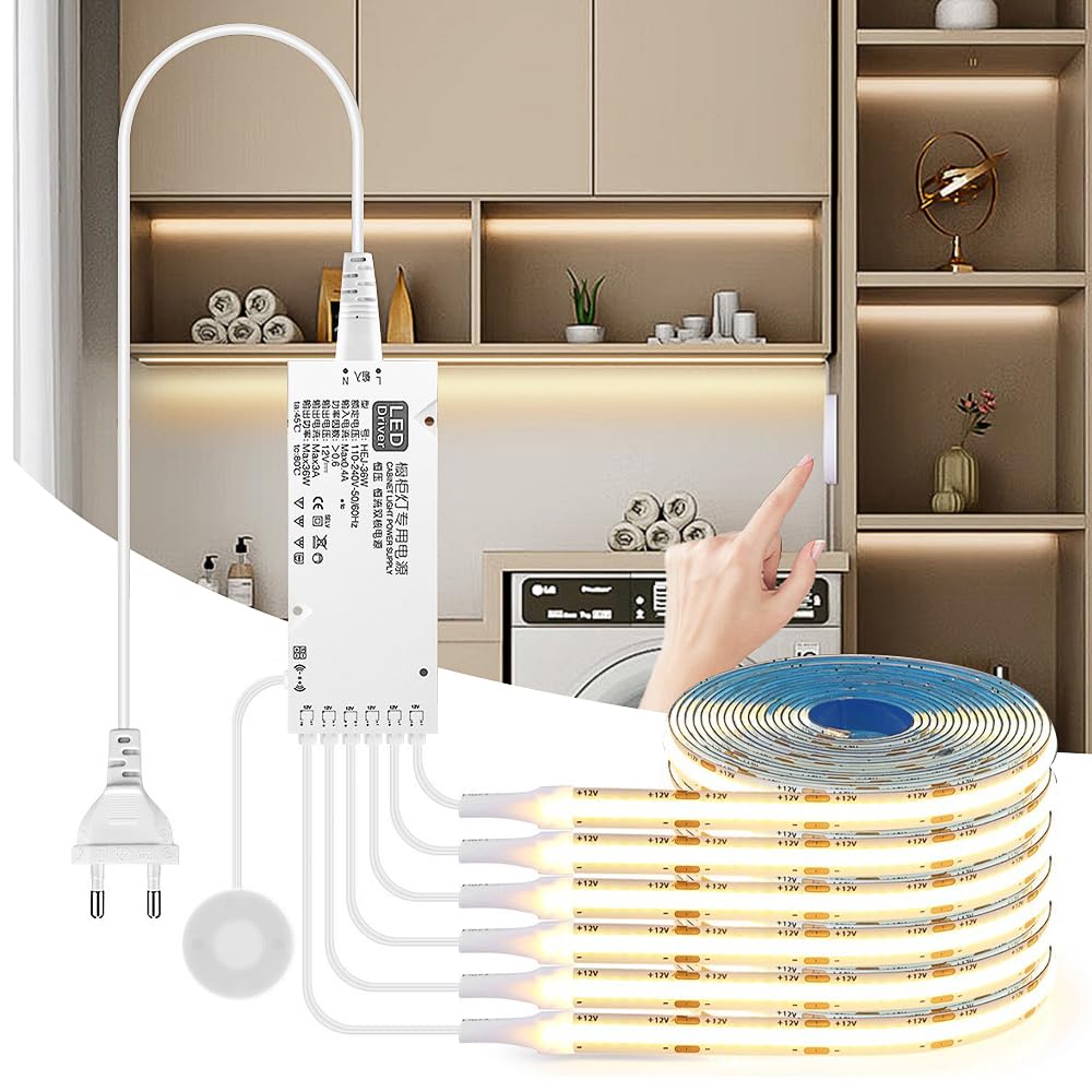 Striscia LED COB con 6 rotoli da 12 V COB LED bianco caldo con interruttore touch e mano per armadi di vino, scaffali, armadi, cucina