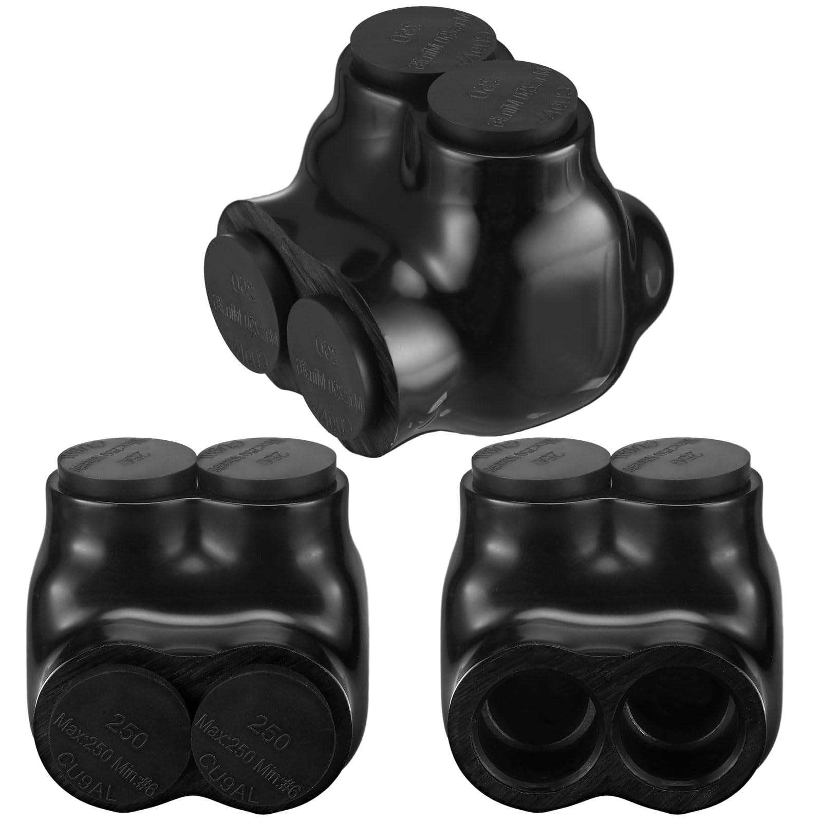 Photo 1 of Saysurey 3 Pcs Black Insulated Multi Cable Connectors Vinyl Coated Wire Insulated Splicers with 2 Ports Single Sided Entry, Dual Rated for Copper Aluminum (250-6 Wire Range, 2.22"L x 2.3"W x 2"H)