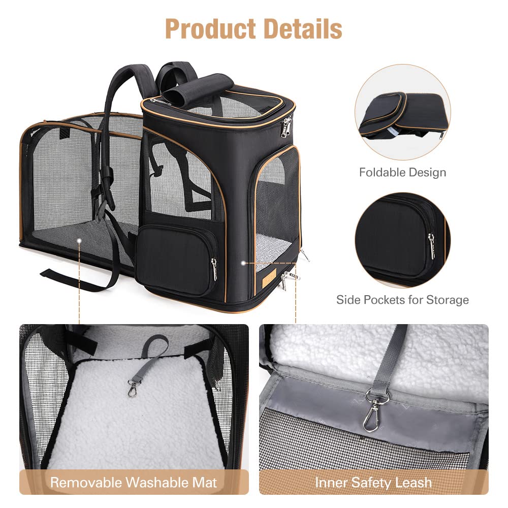 Lekesky Mochila grande para gatos, mochila expandible para mascotas para gatos medianos y perros pequeños, mochila plegable para mascotas con correa interior a prueba de fugas y 2 alfombrillas para