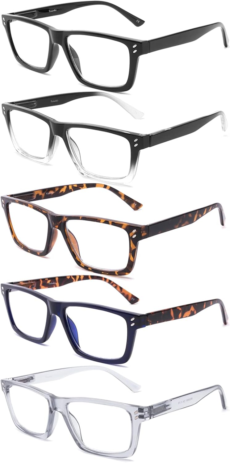 5 Pack Reading Glasses Blue Light Blocking for Men Women，Square Frame Computer Readers with Comfort Spring Hings,Anti Glare/Eyestrain 2.5