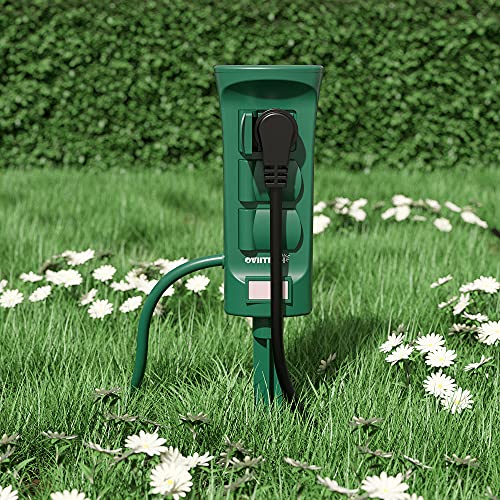oviitech 6-Outlet Outdoor Yard Power Stake with Weatherproof Cover and ON/Off Switch,9 Ft Long Extension Cord Power Strip, Weather Resistant, ETL Certified, Green
