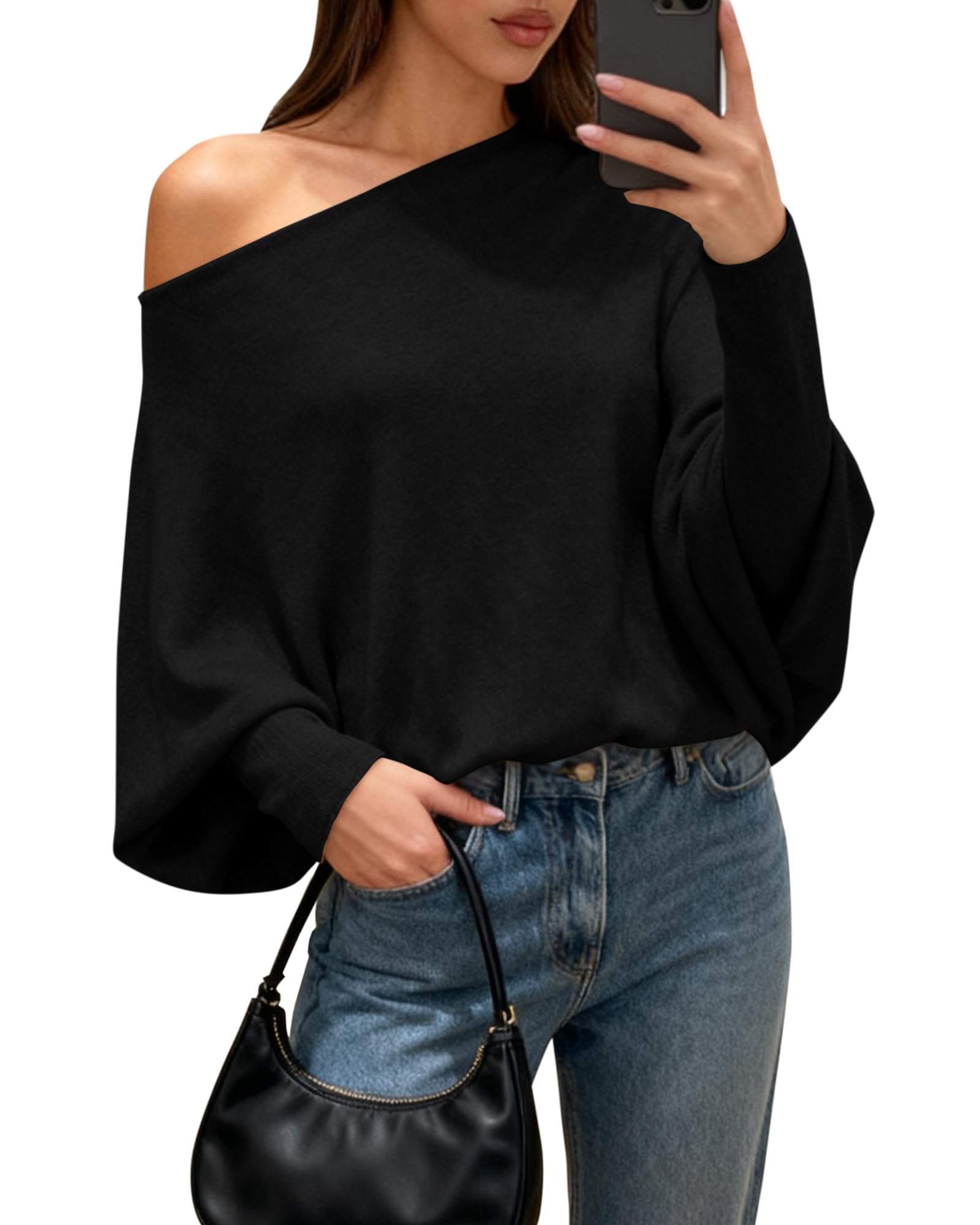 BTFBM Casual Fall Sweaters for Women 2026 Long Batwing Sleeve Ribbed Knit Tops Pullover Loose Off The Shoulder