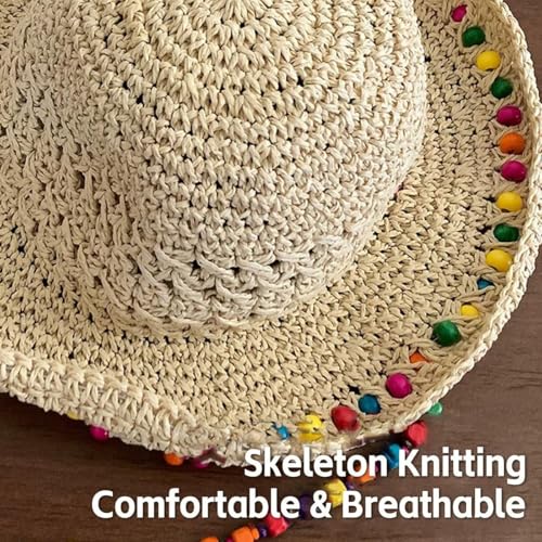 Sombrero de paja para mujer con ala ancha y cuentas de madera miniatura 5