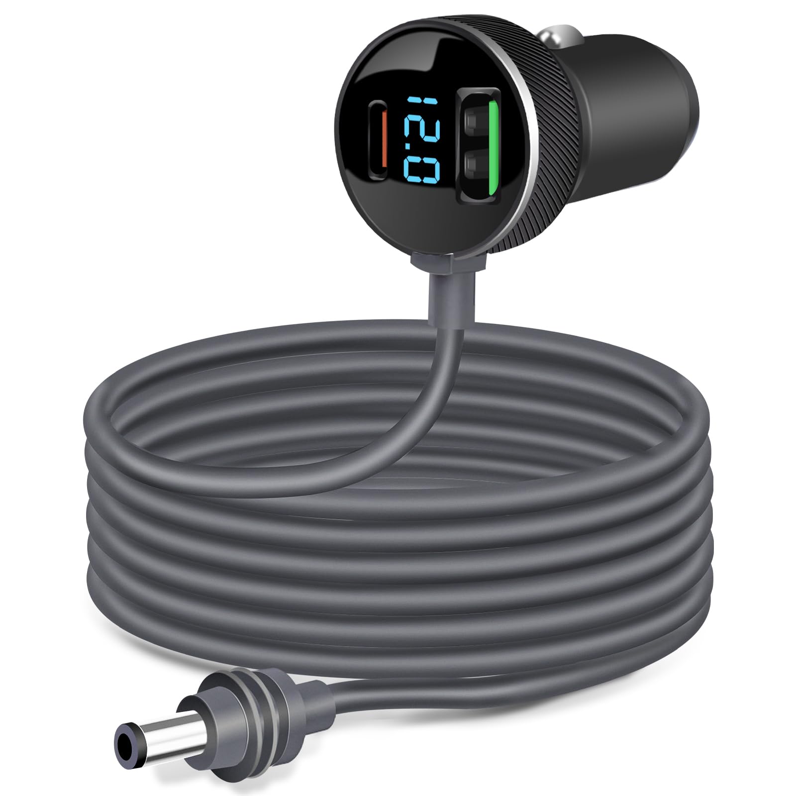 KoovDem 3-in-1 Cable for Starlink Mini Car Adapter 10FT, Cigarette Lighter to DC/USB A/USB C Power Cable 12V-24V with Digital Display, Gray