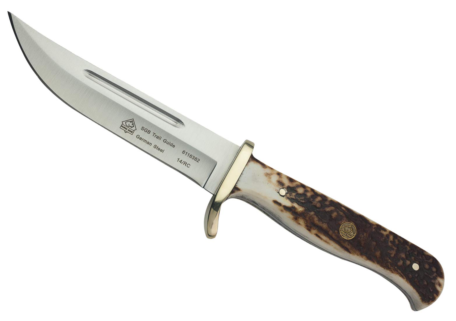Puma SGB – Trail Guide - Jagd & Outdoormesser - Griffschalen aus echtem Olivenholz - 120mm Klinge aus deutschem Stahl (1.4116, 55-57 HRC) - Messingknebel - Inklusive Lederscheide (Art.Nr.: 6116382V)