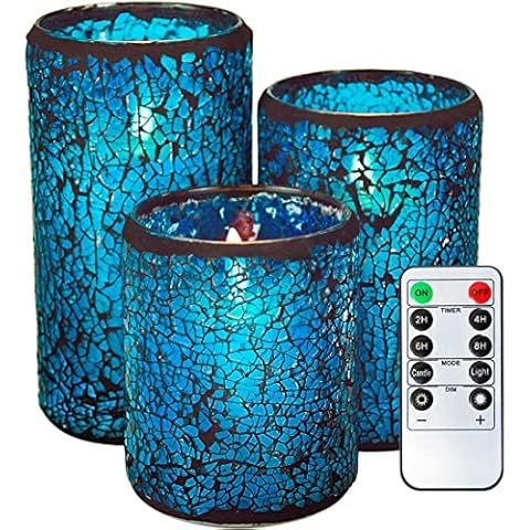 TELOSMA LED Mosaic Flameless Candle, Blue Cracked Glass Pattern Flikering Wick Pillar Candle - Wedding Table Centerpieces Fireplace Decor - Set of 3 Cover