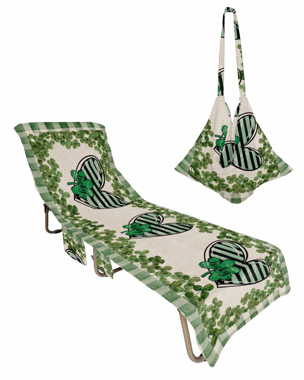 Love Lucky Clover St. Patrick's Day Beach Lounge Chair Towel Cover, Soft Chaise Lounge Towel with Side Pockets Patio Pool Chairs Cover for Beach/Pool Sunbathing 29x85 Green Checkered
