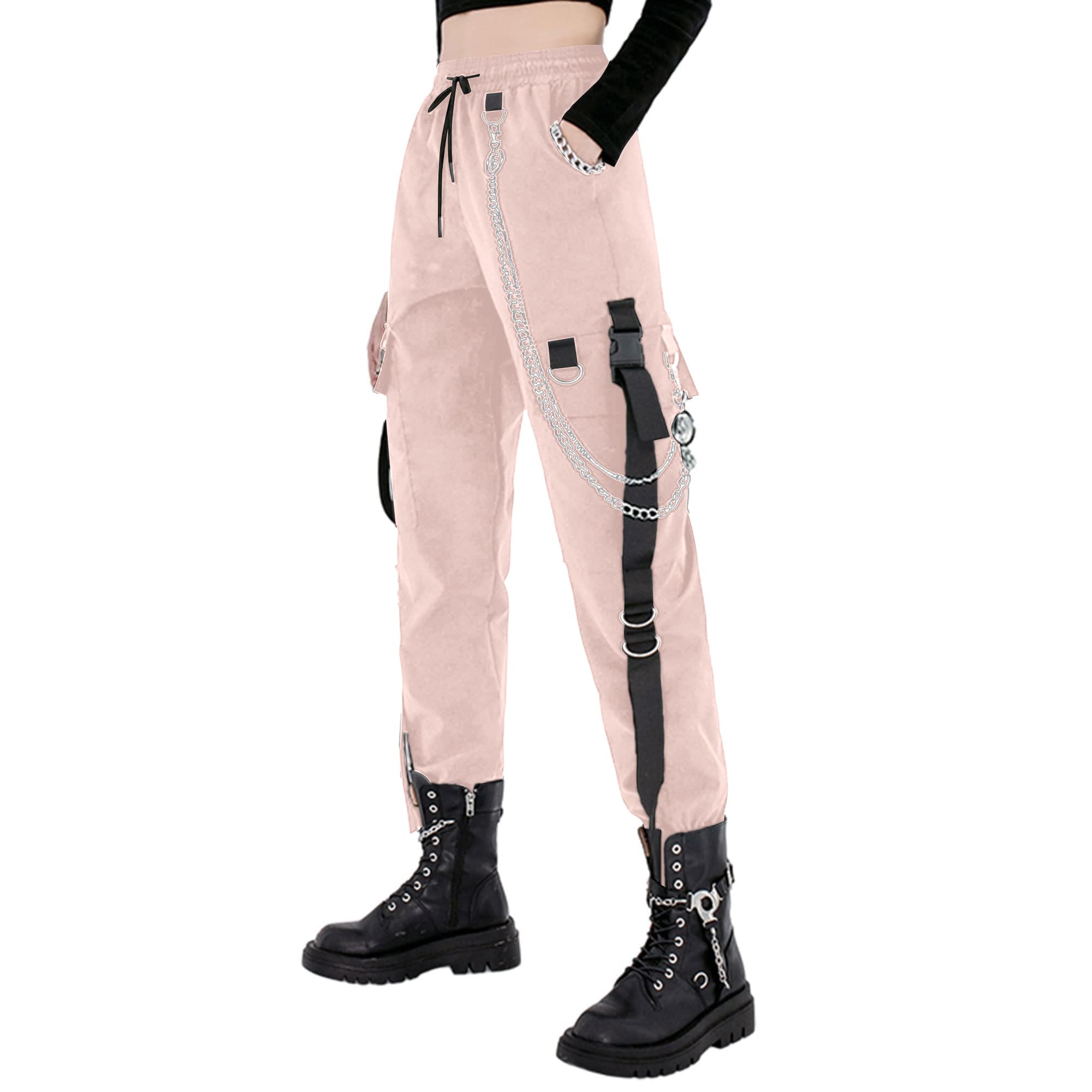 MEINVQIAOTI Black Cargo Pants for Women Techwear Women Loose Street Rock Style Casual Black Pants with Chain Goth Pants