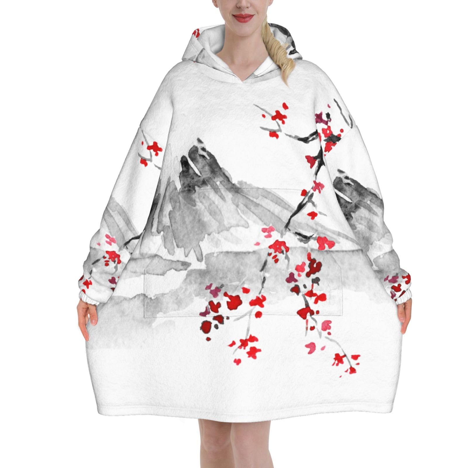 Smazdfxx Unisex As Pic Japanese Watercolor Cherry Flowers Art Adult Flannel Wearable Plush Blanket With Pockets, Ultra Soft Plush Warm Hoodie