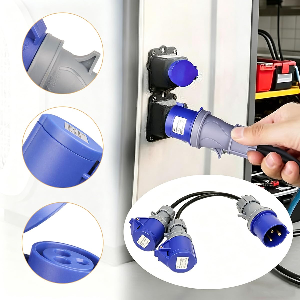 Qury 16A maschio a 2 prese da 16A, splitter di potenza a 2 vie, cavo convertitore di collegamento da 230 V, adattatore elettrico per roulotte