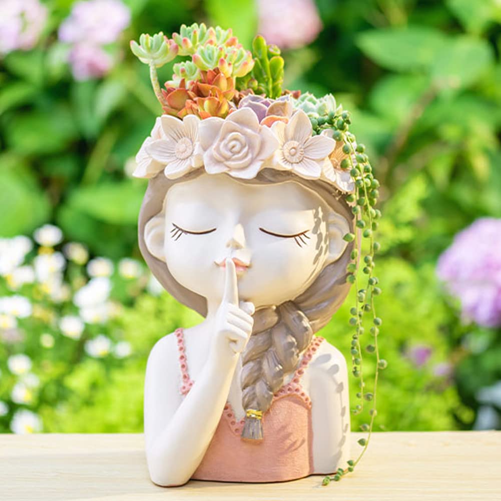 Entzückender großer Übertopf für Mädchen, niedlich, großer Sukkulenten-Topf mit Entwässerungsloch, hoher Damenkopf, dekorative Vase für Innen- und Außenpflanzen, Geschenke für Mutter/Tante/Liebhaber