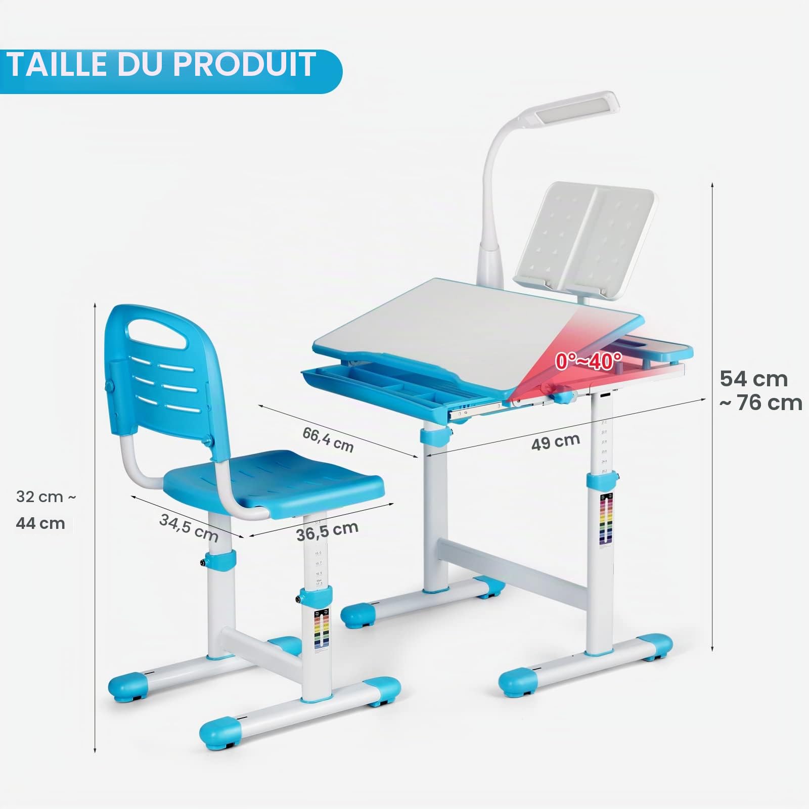 JOYLDIAS Bureau pour Enfant réglable en Hauteur avec Lampe et Chaise et tiroir avec Petit Seau