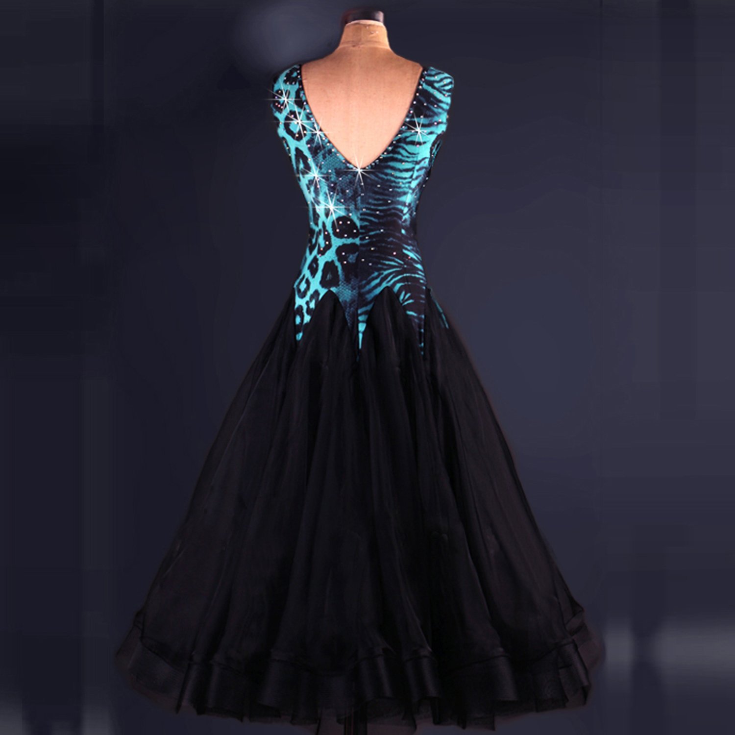 YC Bene Donne Danza Moderna Standard da Ballo Concorrenza Abiti Leopardo Strass, Collo a V Danza Costumi espansione Gonna per Donne Performance Tango Valzer Abiti Leopard M