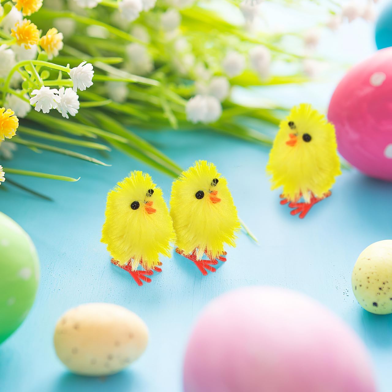VICASKY 60PCS Mini Easter Chicks, Yellow Soft Plush Chicks Egg Bonnet Decoration Chenille Chickens Cupcake Toppers for Easter Basket Stuffers Party Favors Decors Bag Filler