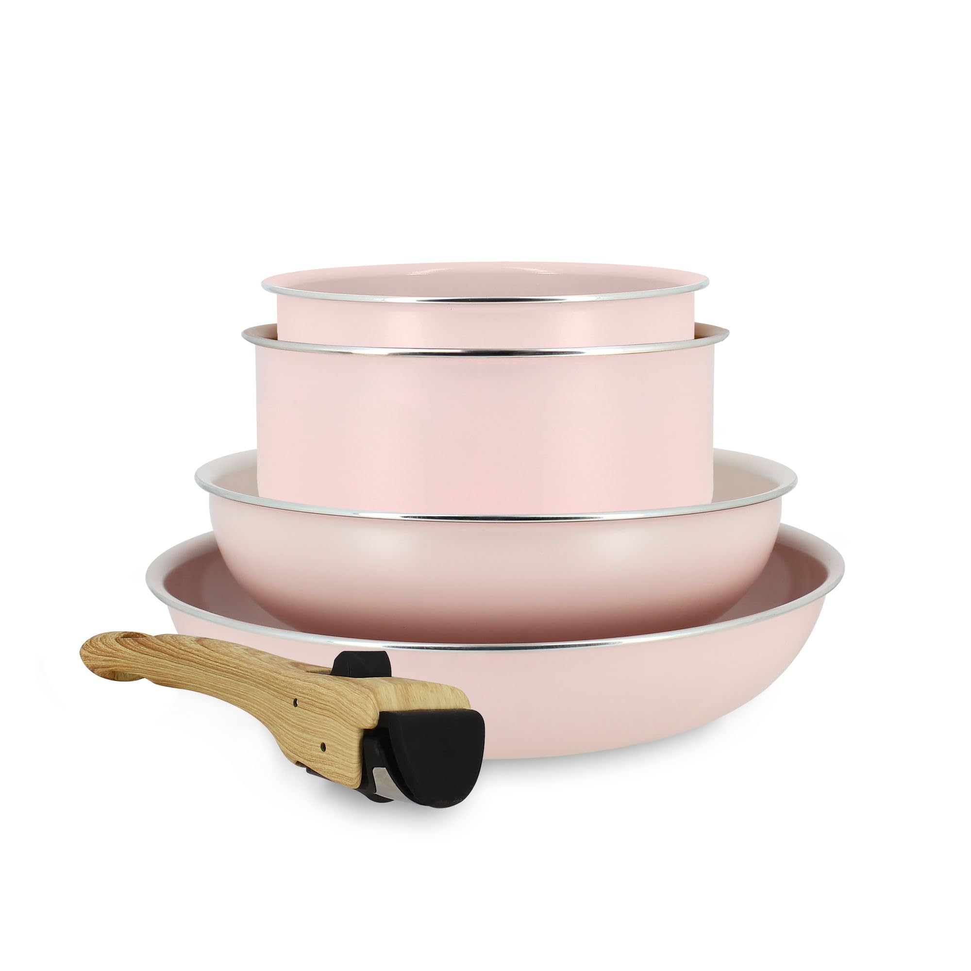 MENASTYL - Batterie de Cuisine Amovible Empilable - Tous Feux Dont Induction - Revêtement Céramique Antiadhésif sans PFAS - Gamme Colorama - Couleur Rose - 2 Poêles + 2 Casseroles + 1 Poignée