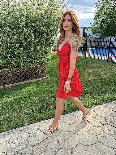 Image of ECOWISH Summer Dresses for Women 2026 V-Neck Spaghetti Strap Bowknot Backless Sleeveless Lace Mini Swing Skater Dress