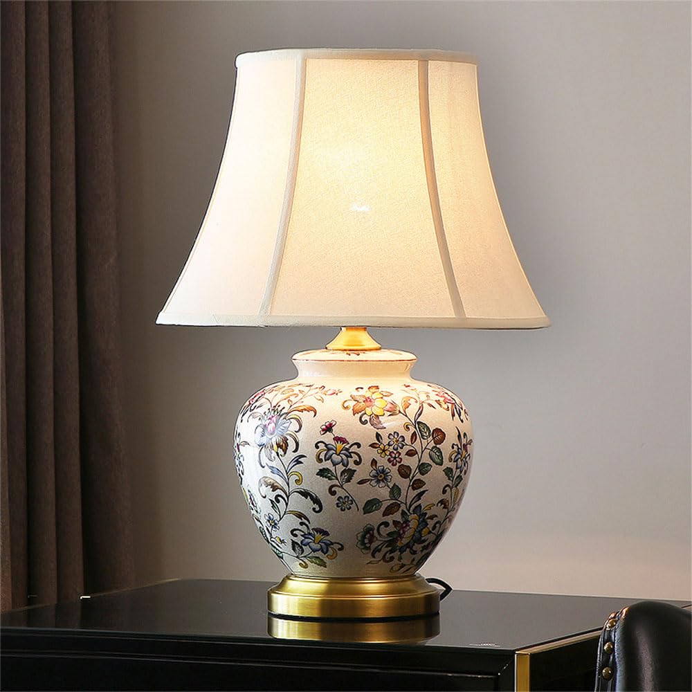 asdchZen 21.6" Farmhouse Ceramic Table Lamp For Bedroom With Fabric Drum Shade Chinoiserie Crack Glaze Vintage Desk Lamp For Living Room Nightstand Lamp End Table Lamps-B