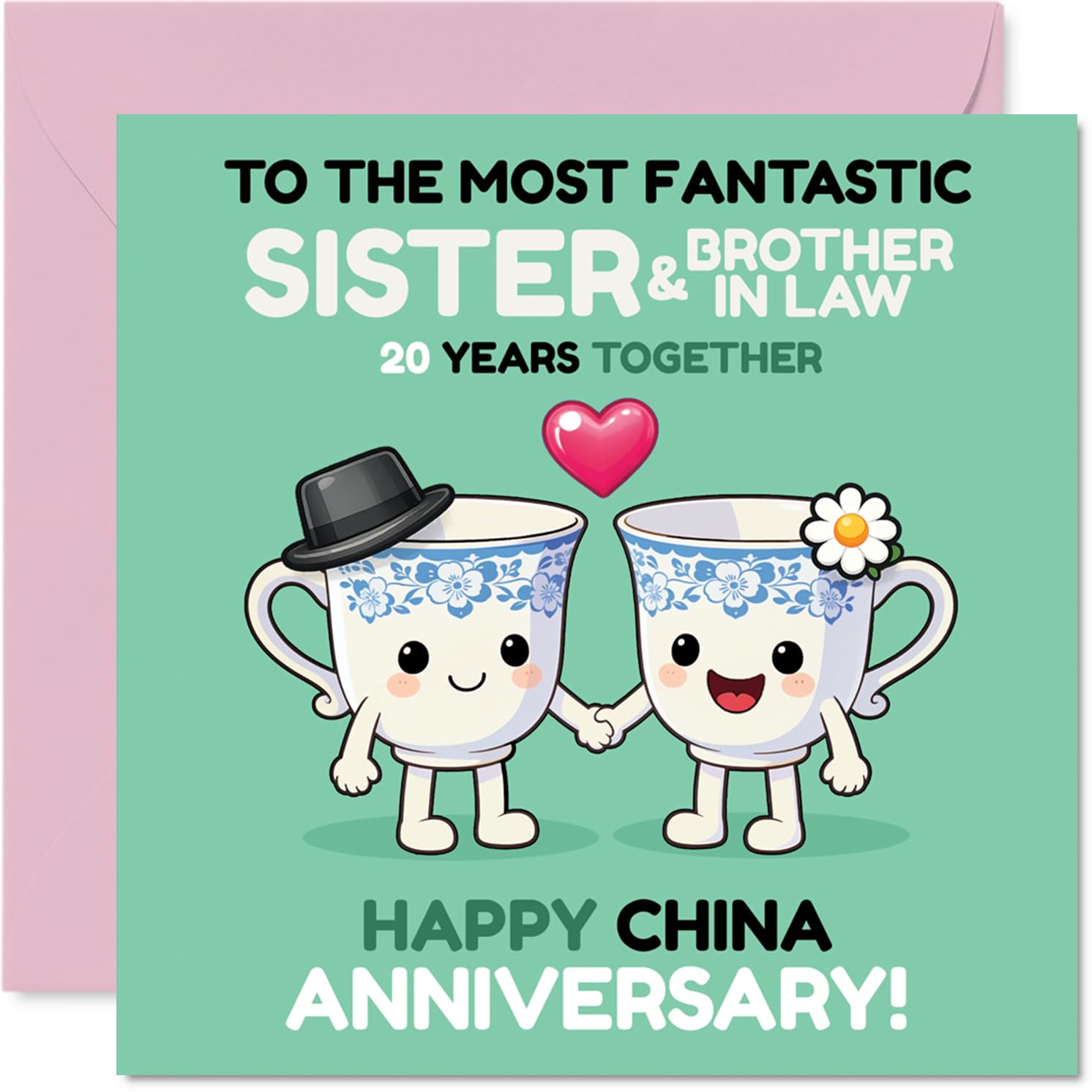 Playful 20th Anniversary Card for Sister & Brother In Law - Cheers to Two Brilliant Cups - Adorable Cartoon Mug Duo Celebrates 20 Years - 145mm Square, Envelope Included