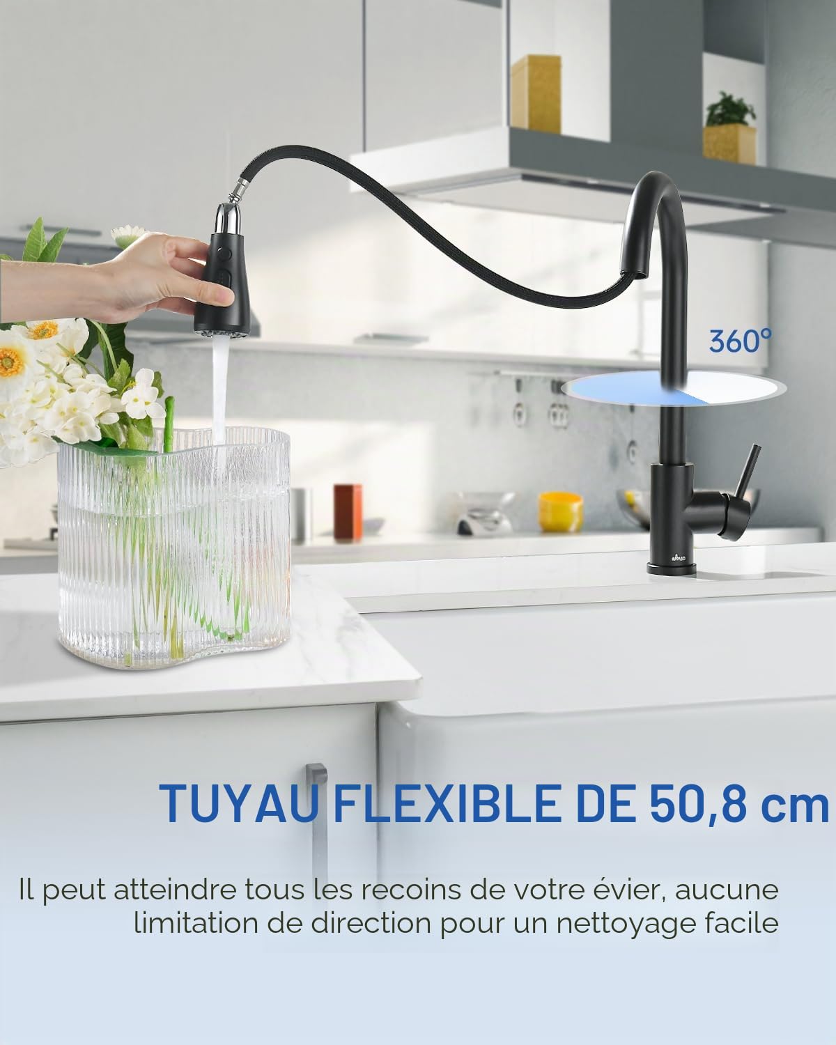APPASO Robinet de cuisine noir avec douchette extractible, robinet d'évier pivotant à 360° avec 3 modes de pulvérisation I en acier inoxydable noir