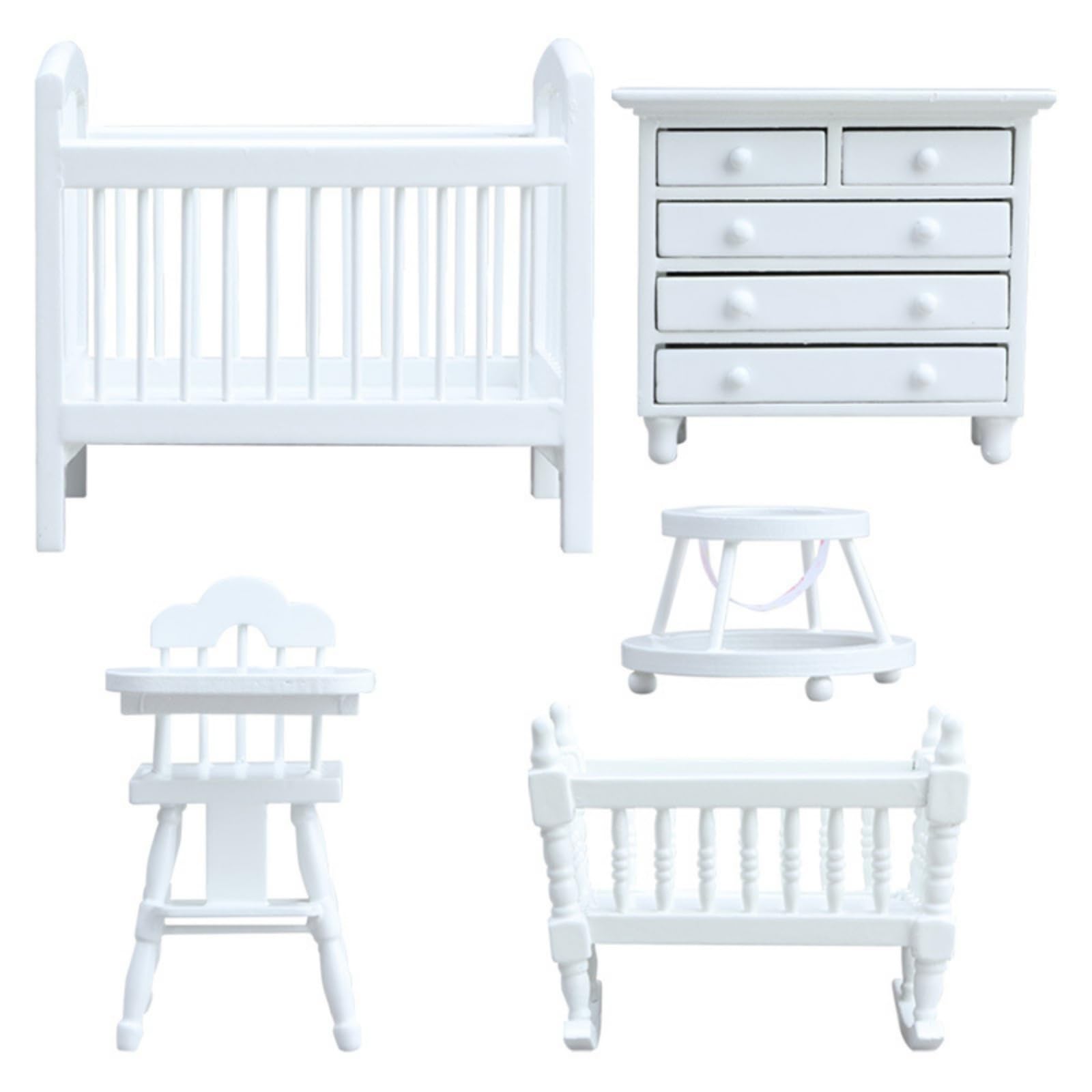 Harilla 5 Pezzi Casa Delle Bambole Miniatura Set Asilo Nido Arredo Culla Seggiolone Culla a Dondolo Giocattolo a Rotelle Credenza Legno E Compensato