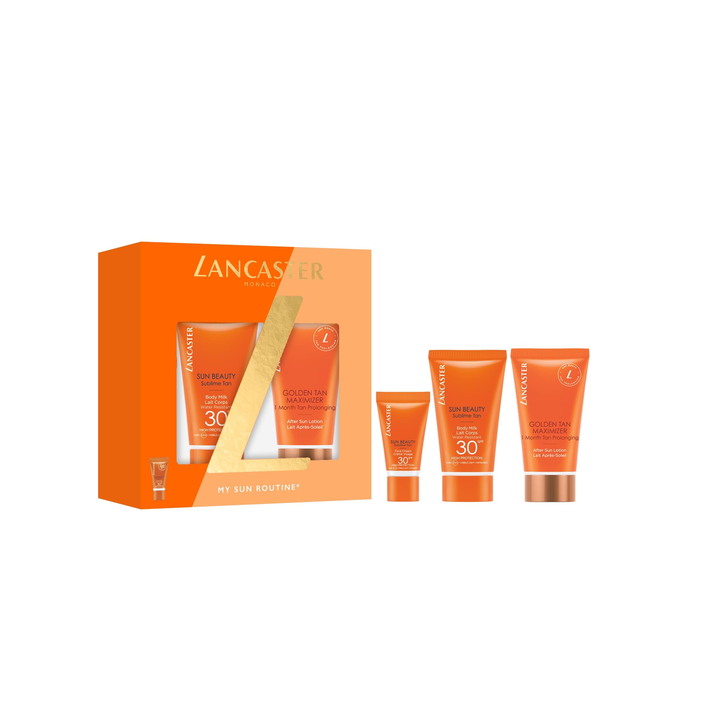 Lancaster Sun Beauty Skin Care Sets, Golden Tan Maximizer After Sun Lotion 50ml, Sun Beauty Body Milk SPF30 50ml, Sun Beauty Face Cream SPF30 5ml