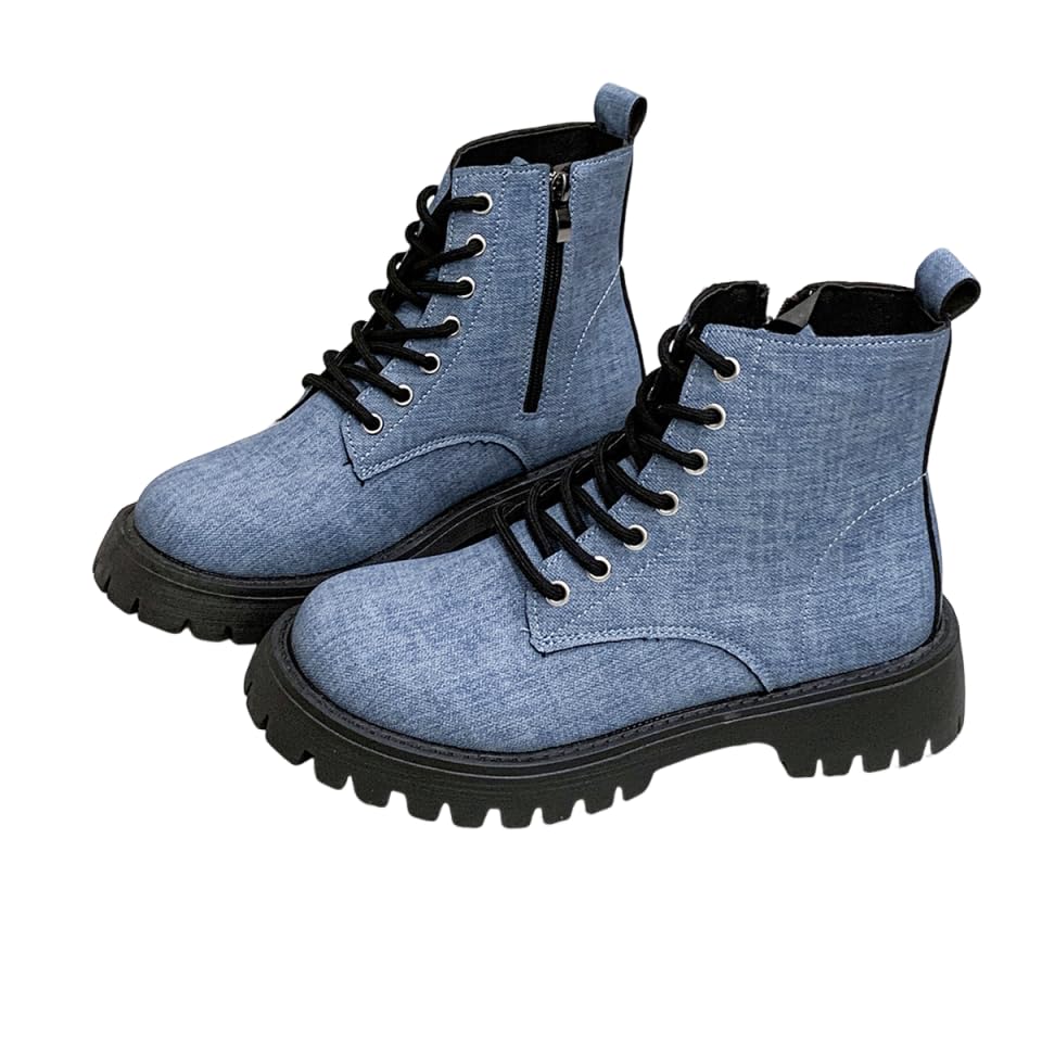 Womens Denim Lace Up Combat Boots Platform Ankle Booties Chunky Low Heel Side Zip Fashion Shoes
