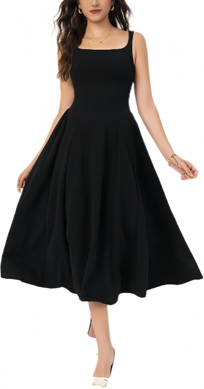 Size 03 (similar photo) Women Square Neck Maxi Dress Slim Fitting Small Size Strappy Dress, Sleeveless Strap Long Dress for Women Black