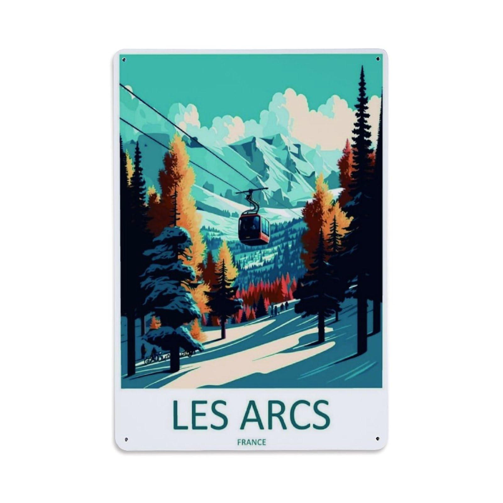 Les Arcs France Ski Lift Mountain Travel Vintage Art Vintage Aluminium Metal Sign, Retro Wall Decor for Home, Bar, Garage & Farmhouse 30x20cm