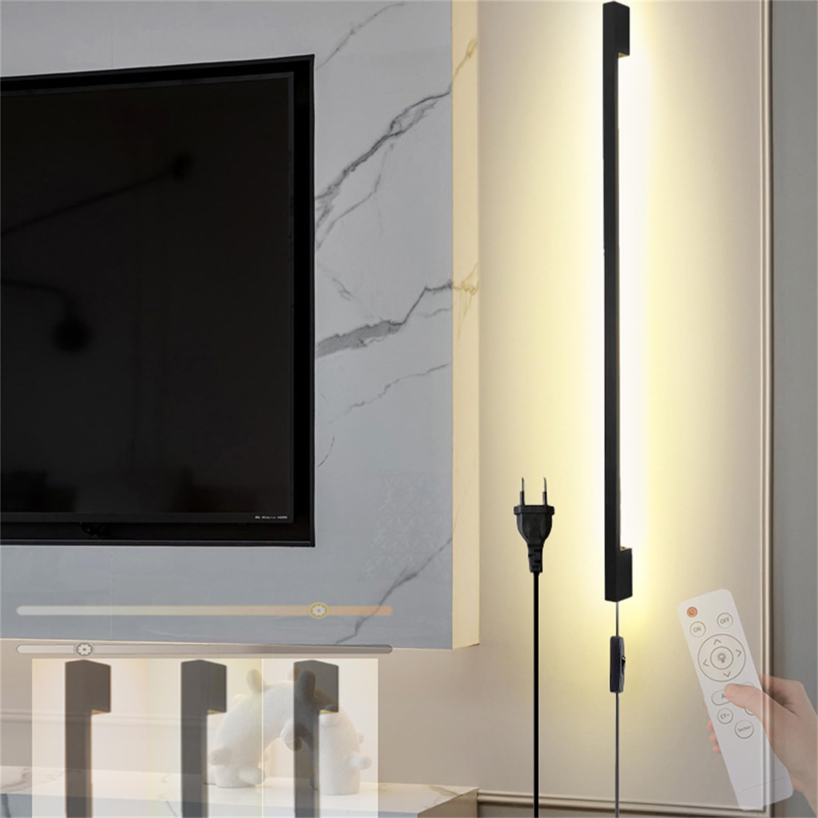 Wandleuchte Dimmbare Innen LED Wandlampe mit Fernbedienung 10-100% Einstellbar Wandbeleuchtung mit Schalter und Stecker Wandleuchte Schlafzimmer Wohnzimmer Treppenhaus Kinderzimmer (Schwarz,80CM)