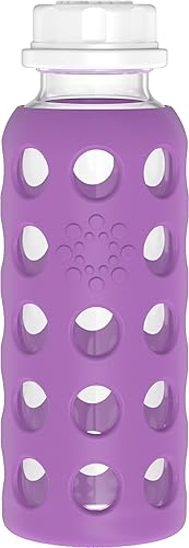 Lifefactory Botella de agua de vidrio sin BPA de 9 onzas con tapa plana y funda de silicona, uva
