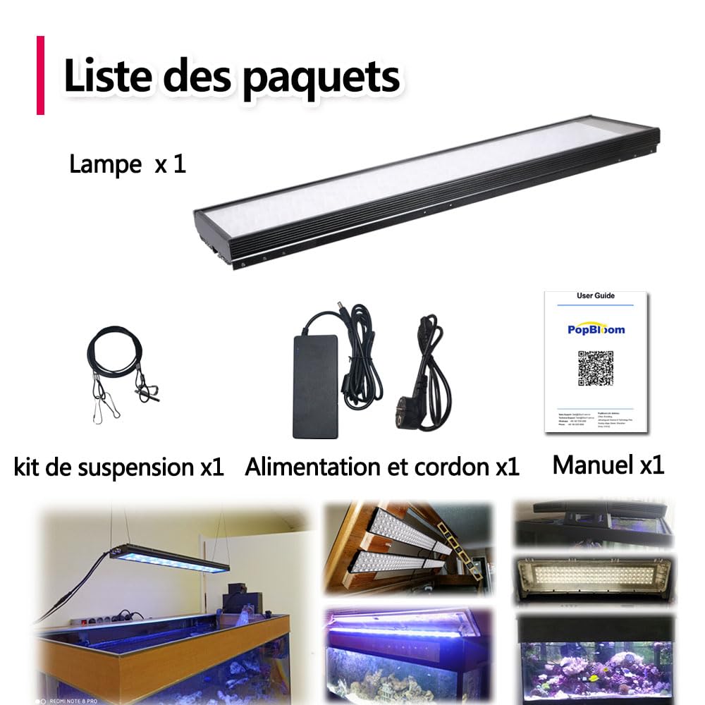 PopBloom Hertz54 eclairage led aquarium eclairage lampe aquarium led recifal reef eau de mer lumière pour aquariums 50-80cm (54cm, avec kit de suspension)